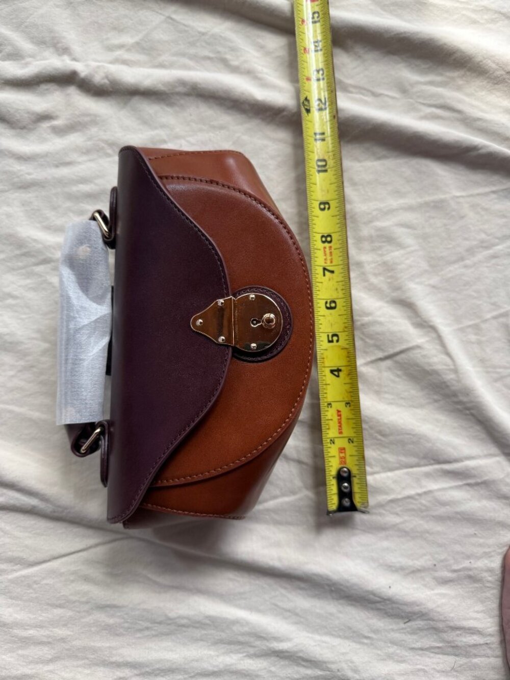 NWOT Genuine Leather Two-Tone Cognac Burgundy Half-Moon Saddle Bag + Dust Bag